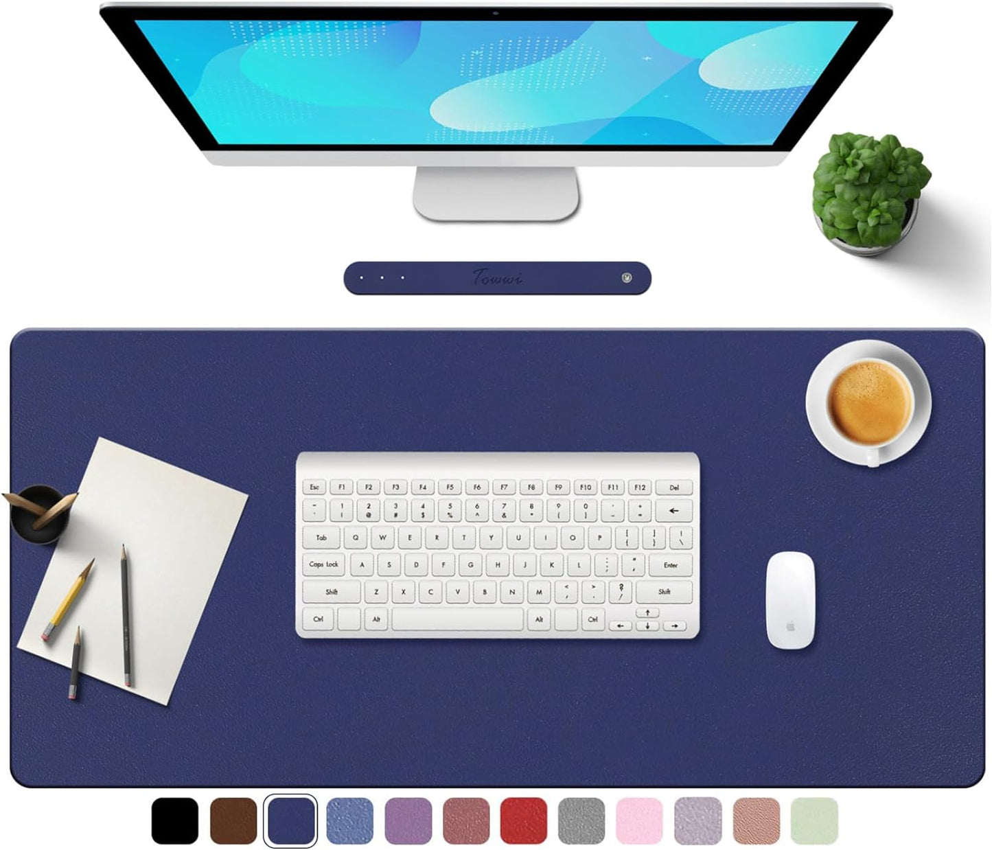 PU Leather Desk Pad with Suede Base, Multi-Color Non-Slip Mouse Pad, 24” X 14” Waterproof Desk Writing Mat, Large Desk Blotter Protector (Dark Blue)