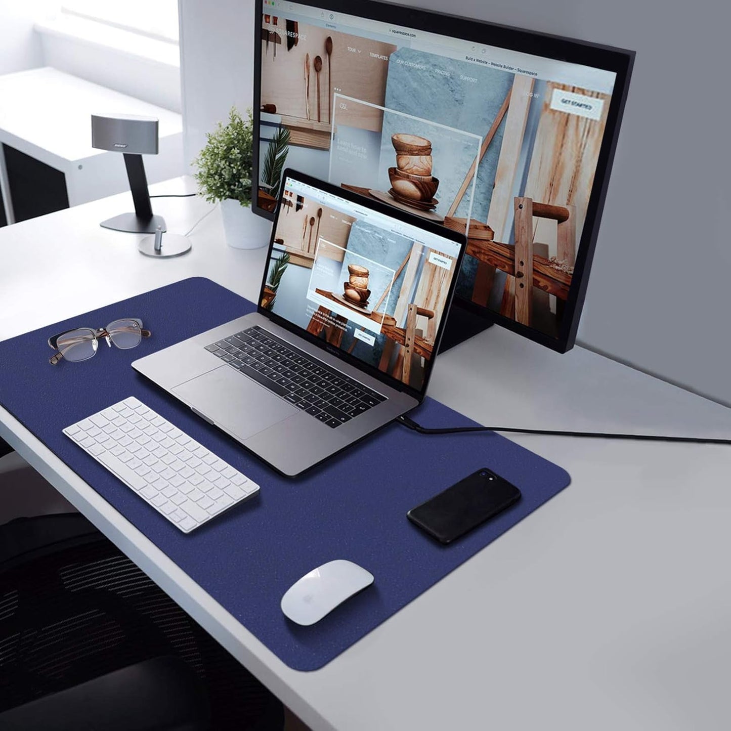 PU Leather Desk Pad with Suede Base, Multi-Color Non-Slip Mouse Pad, 24” X 14” Waterproof Desk Writing Mat, Large Desk Blotter Protector (Dark Blue)