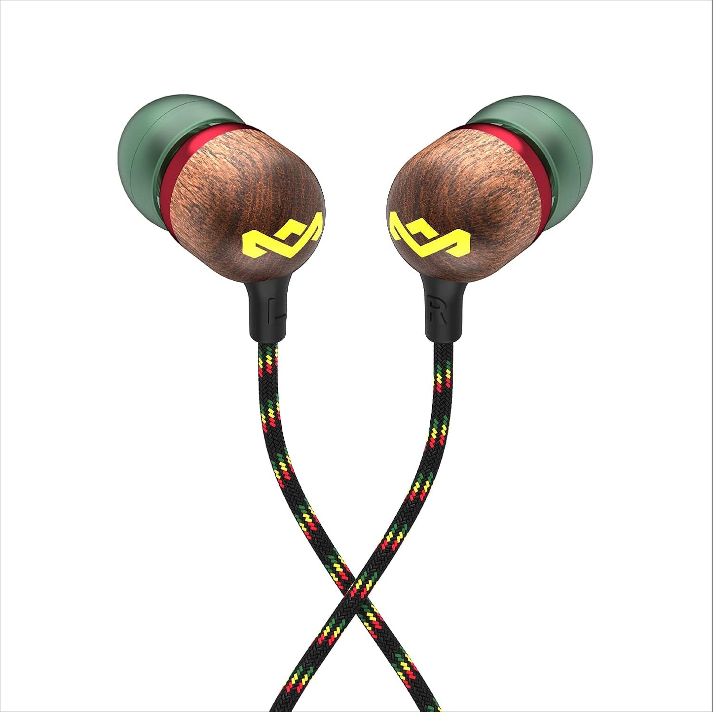 Smile Jamaica: Wired Earphones with Microphone, Noise Isolating Design, and Sustainable Materials (Rasta)